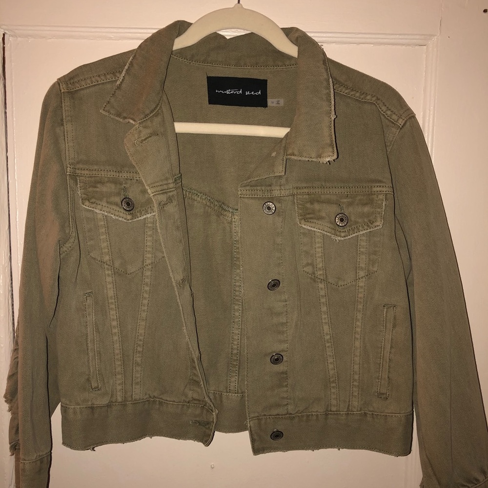 Lightwash Olive Green Ruffle Denim Jacket